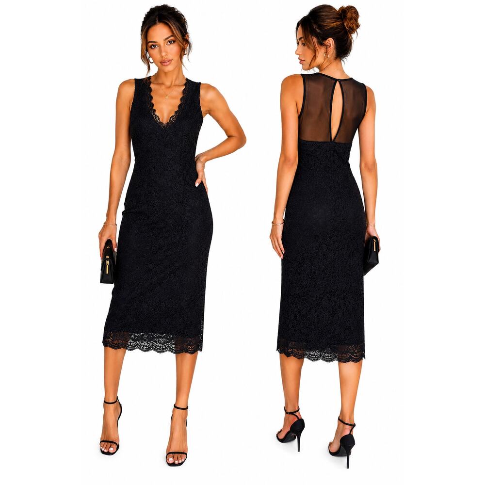 Liberty Love Black Lace Midi Dress Women Large Back V Neck Sleeveless Cocktail